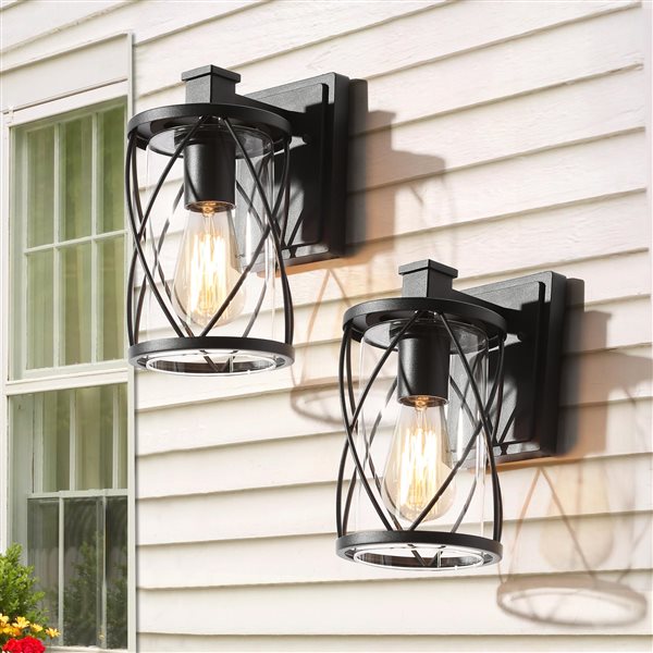 Uolfin 2-Pack 1-Light Textured Black Cage Outdoor Wall Light