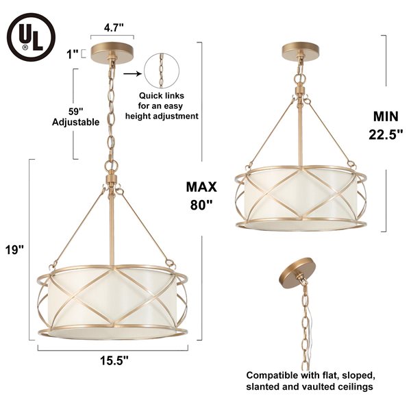 Uolfin 3-Light Champagne Gold Traditional Drum Cage Chandelier