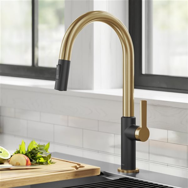 Kraus Oletto Brushed Brass/Matte Black 1-handle Deck Mount Pull-down Residential Kitchen Faucet