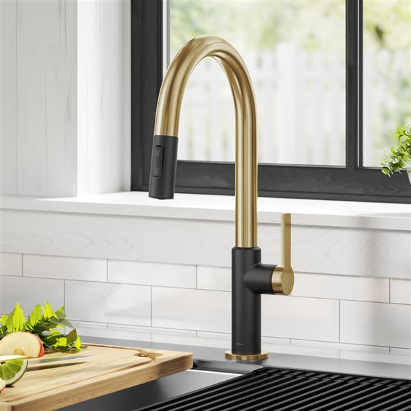 Kraus Oletto Brushed Brass/Matte Black 1-handle Deck Mount Pull-down Residential Kitchen Faucet