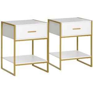 Table de chevet moderne blanc et or par HomCom avec 1 tiroir, ensemble de 2