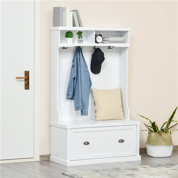 HomCom White 4-Hook Coat Stand with Bench
