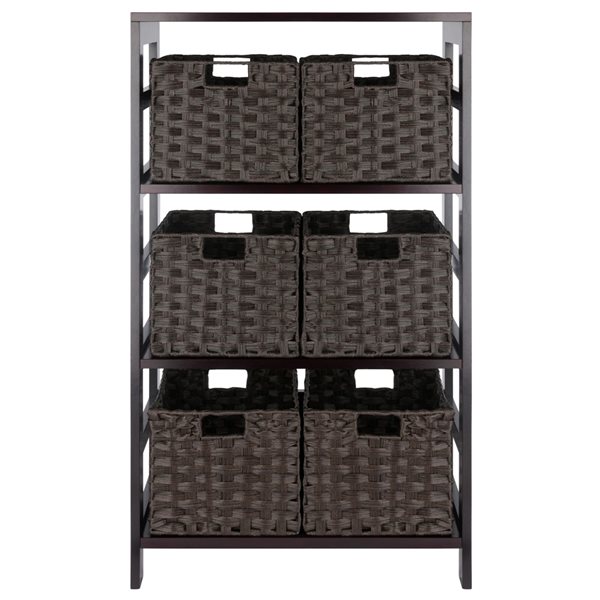 Winsome Wood Leo Storage Shelf with 6 Foldable Woven Baskets - Espresso and Chocolate