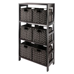 Winsome Wood Leo Storage Shelf with 6 Foldable Woven Baskets - Espresso and Chocolate