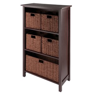 Winsome Wood Milan Storage Shelf with 5 Foldable Woven Baskets - Walnut