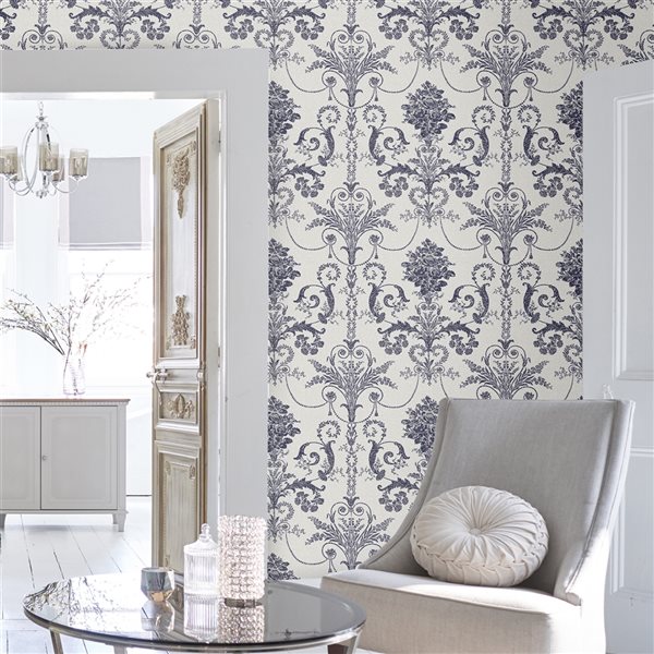 Laura Ashley Romantic Opulence 56sq. ft. Josette Off White and Midnight NonWoven Damask