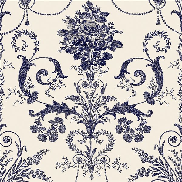 Laura Ashley Romantic Opulence 56-sq. ft. Josette Off White and Midnight Non-Woven Damask Unpasted Paste the Wall Wallpaper
