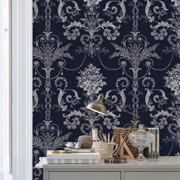 Laura Ashley Romantic Opulence 56-sq. ft. Josette Midnight Non-Woven Damask Unpasted Paste the Wall Wallpaper