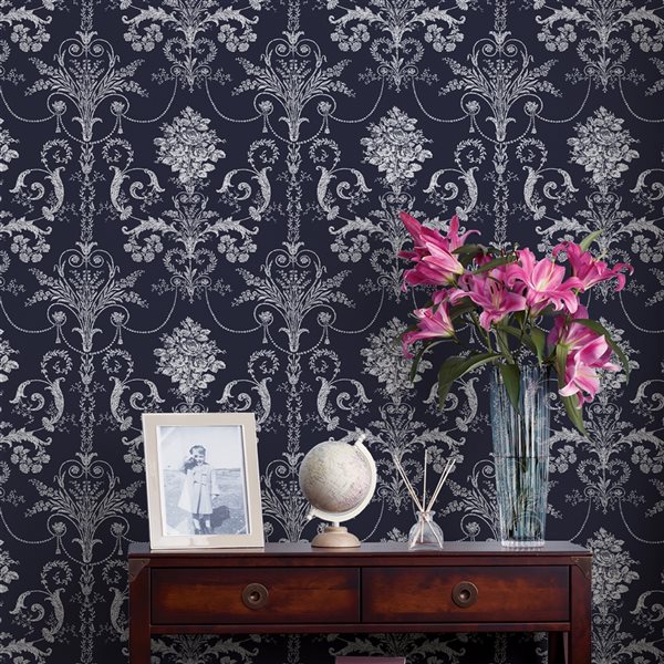 Laura Ashley Romantic Opulence 56-sq. ft. Josette Midnight Non-Woven Damask Unpasted Paste the Wall Wallpaper