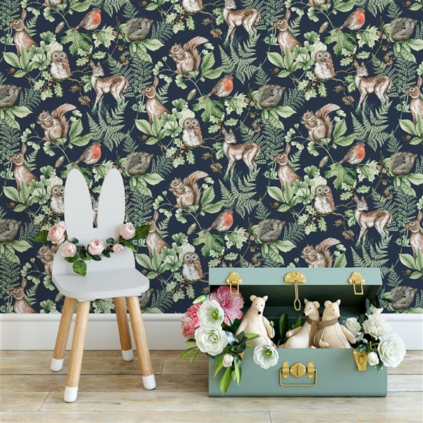 Superfresco Easy Kids at Home 56-sq. ft. Woodland Animals Navy Non-Woven Unpasted Paste the Wall Wallpaper