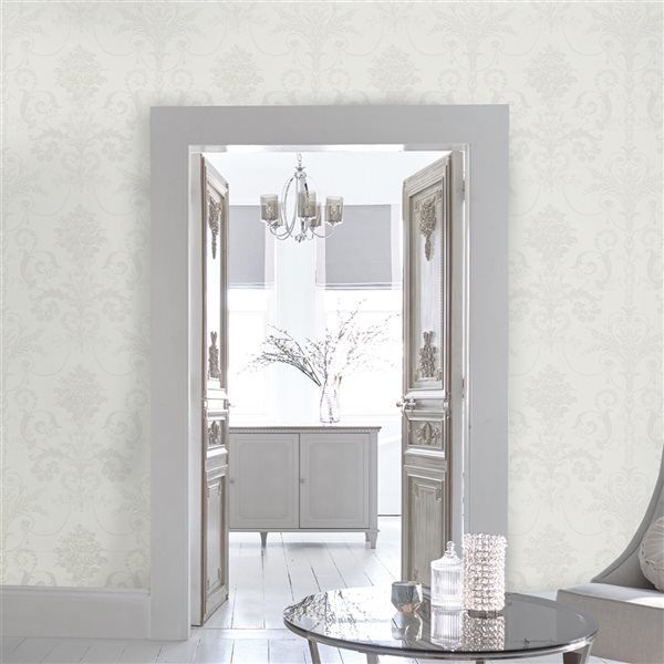 Laura Ashley Romantic Opulence 56-sq. ft. Josette White Non-Woven Damask Unpasted Paste the Wall Wallpaper