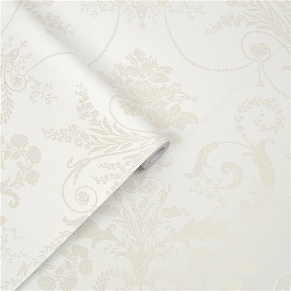 Laura Ashley Romantic Opulence 56-sq. ft. Josette White Non-Woven Damask Unpasted Paste the Wall Wallpaper