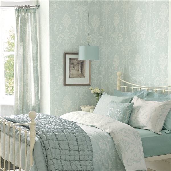 Laura Ashley Romantic Opulence 56-sq. ft. Josette Duck Egg Non-Woven Damask Unpasted Paste the Wall Wallpaper