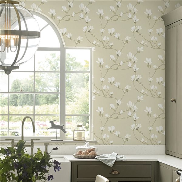 Laura Ashley Country Charm 56-sq. ft. Magnolia Grove Natural Non-Woven Floral Unpasted Paste the Wall Wallpaper