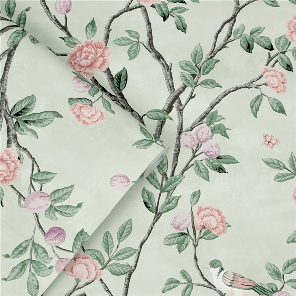 Laura Ashley Romantic Opulence 56-sq. ft. Eglantine Eau de Nil Non-Woven Floral Unpasted Paste the Wall Wallpaper