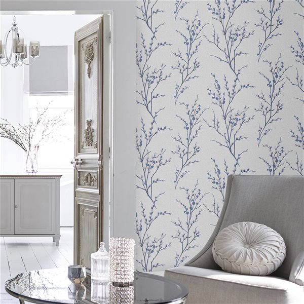 Laura Ashley Country Charm 56-sq. ft. Pussy Willow Off White and Midnight  Non-Woven Floral Unpasted Paste the Wall Wallpaper 113360