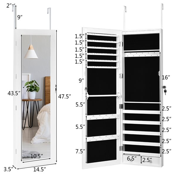 Costway White Wall Mount Jewelry Armoire with LED Lights