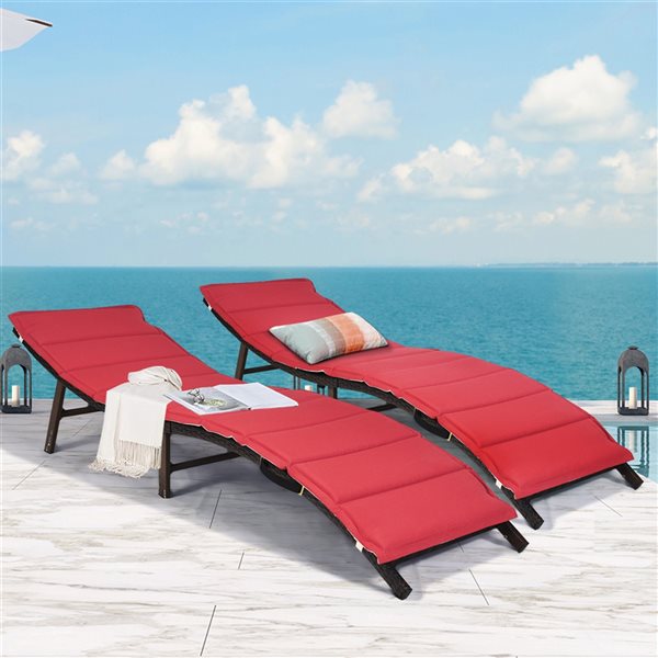 Costway Brown Rattan Stackable Chaise Lounge with Red/White Cushioned Seat - Set of 2