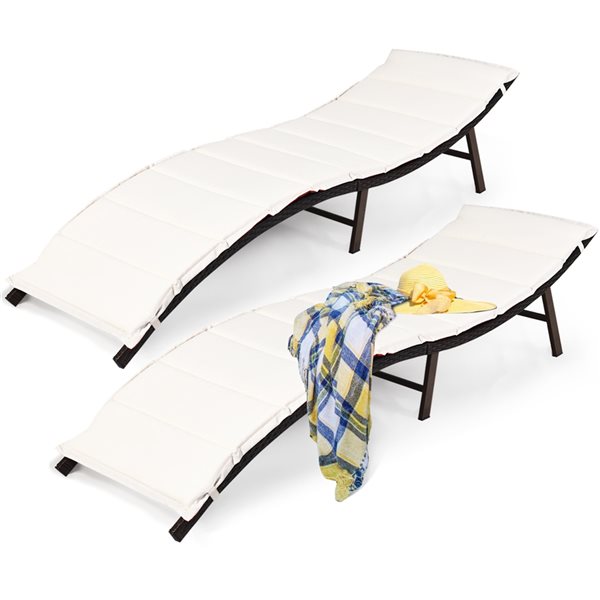 Costway Brown Rattan Stackable Chaise Lounge with Red/White Cushioned Seat - Set of 2