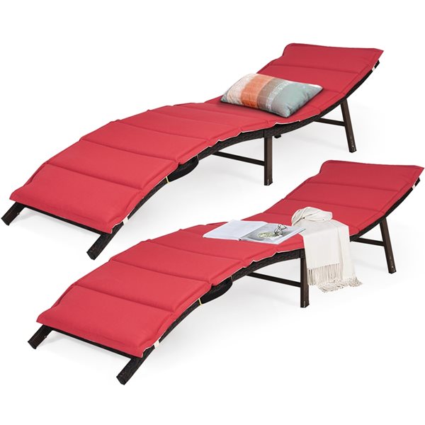 Costway Brown Rattan Stackable Chaise Lounge with Red/White Cushioned Seat - Set of 2