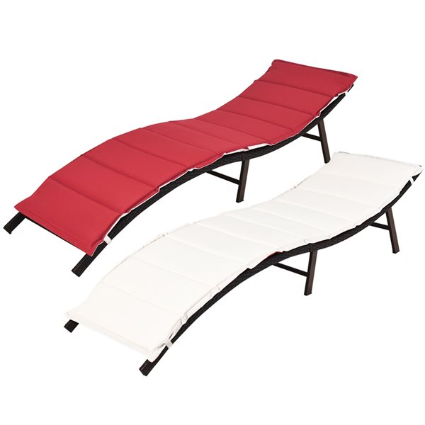 Costway Brown Rattan Stackable Chaise Lounge with Red/White Cushioned Seat - Set of 2