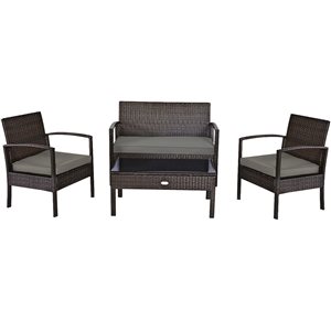Costway Brown Metal Frame Patio Conversation Set with Grey Cushions - 4-Piece