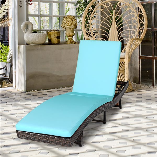 Costway Brown Rattan Stationary Chaise Lounge with Turquoise Cushioned Seat - Set of 2