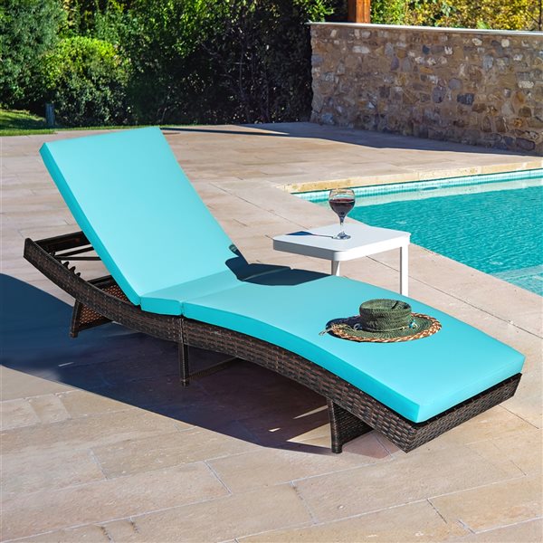 Costway Brown Rattan Stationary Chaise Lounge with Turquoise Cushioned Seat - Set of 2