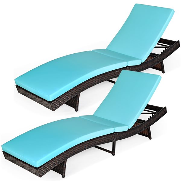 Costway Brown Rattan Stationary Chaise Lounge with Turquoise Cushioned Seat - Set of 2