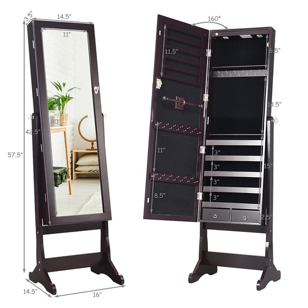 Costway Brown Floorstanding Jewelry Armoire with LED Lights