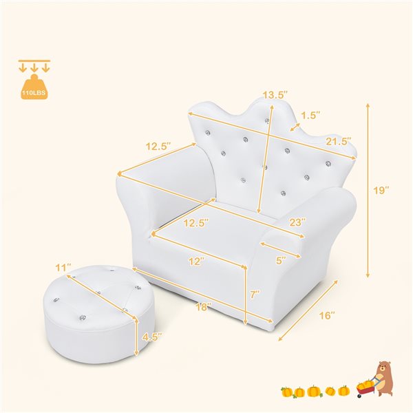 Costway 19-in White Upholstered Kids Accent Chair with Ottoman