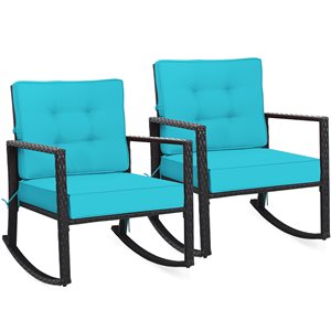 Costway Brown Rattan Rocking Chair with Turquoise Cushioned Seat - Set of 2