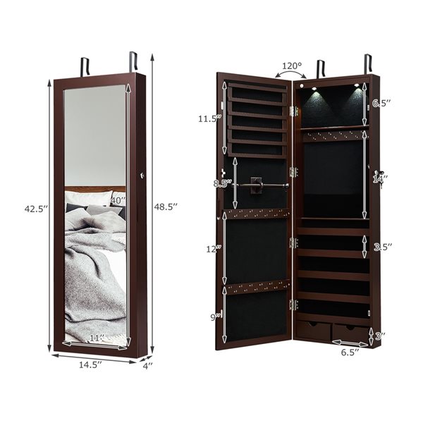 Costway Brown Wall Mount Jewelry Armoire with LED Lights