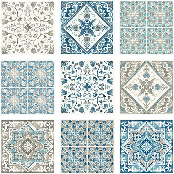 Ensemble de décalcomanies 4 po x 4 po autocollantes inspirées des mosaïques bleues par WallPops, paquet de 27