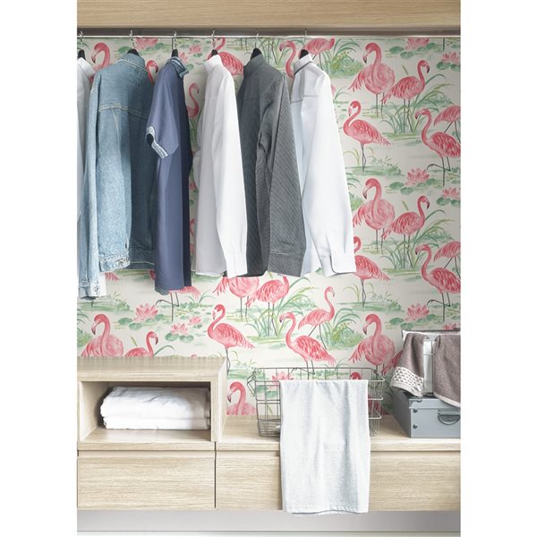 NuWallpaper 30.75-sq. Ft. Pink Vinyl Tropical Animal Self-adhesive Peel and Stick Wallpaper