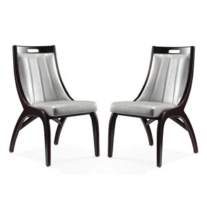 Manhattan Comfort Danube Traditional Silver Faux Leather Upholstered Dining Chair with Wood Frame - Set of 2