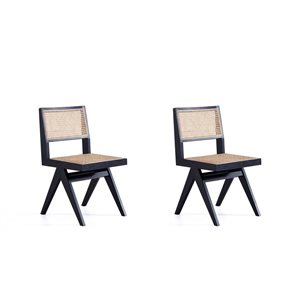 Chaise de salle à manger contemporaine noir et rotin naturel Hamlet par Manhattan Comfort avec cadre en bois, ens. de 2