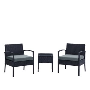 Manhattan Comfort Noli 3-Piece Metal Frame Patio Conversation Set with Grey Cushions Included