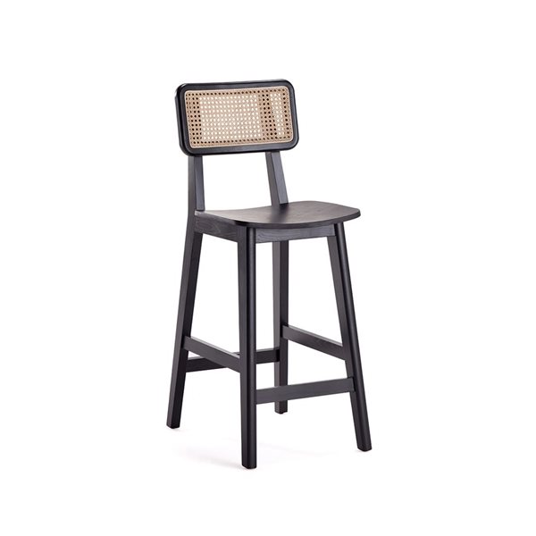 Tabouret de bar en métal noir mat style industriel avec dossier et assise en bois clair - Hauteur 66cm - Maison