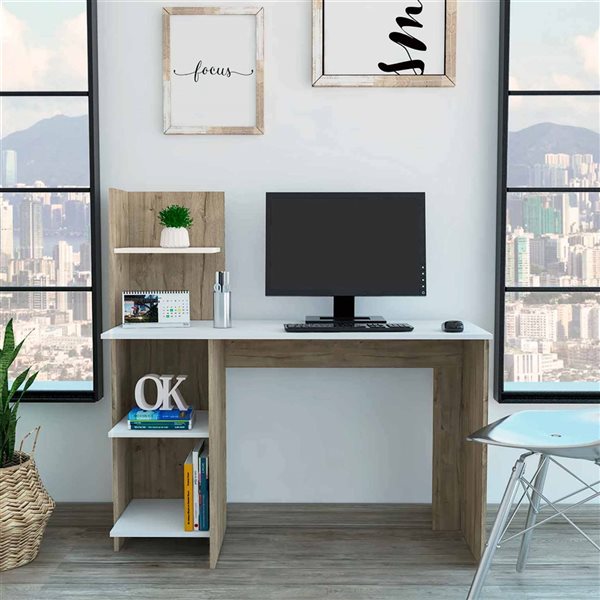 FM Furniture Tecoa 47.2-in W White and Pine Computer Desk