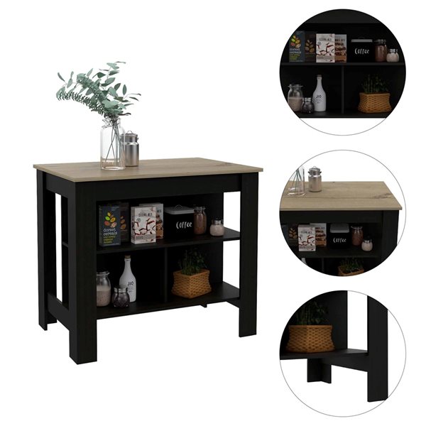 FM Furniture Brooklyn Black and Brown Composite Kitchen Island (40.5-in x 27.5-in x 35.4-in)