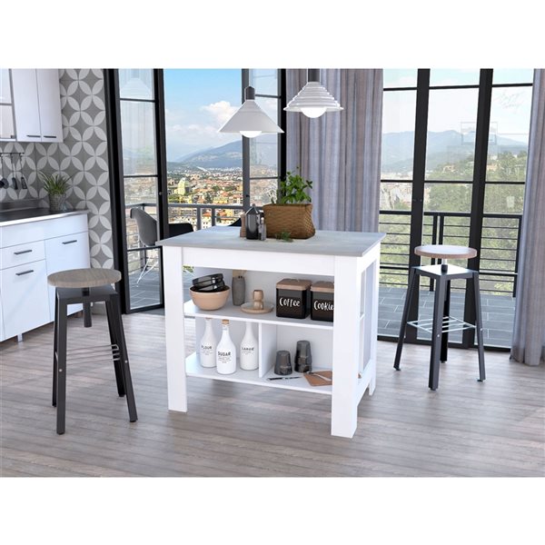 FM Furniture Brooklyn White and Marble Composite Kitchen Island (40.5-in x 27.5-in x 35.4-in)