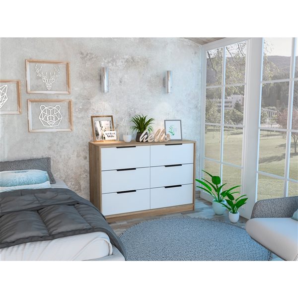 FM Furniture Marion White and Pine 6-Drawer Double Dresser