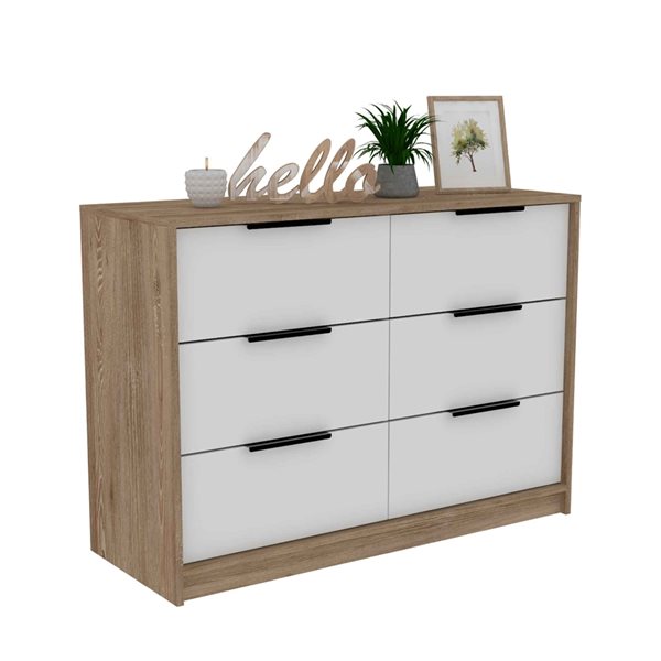 FM Furniture Marion White and Pine 6-Drawer Double Dresser