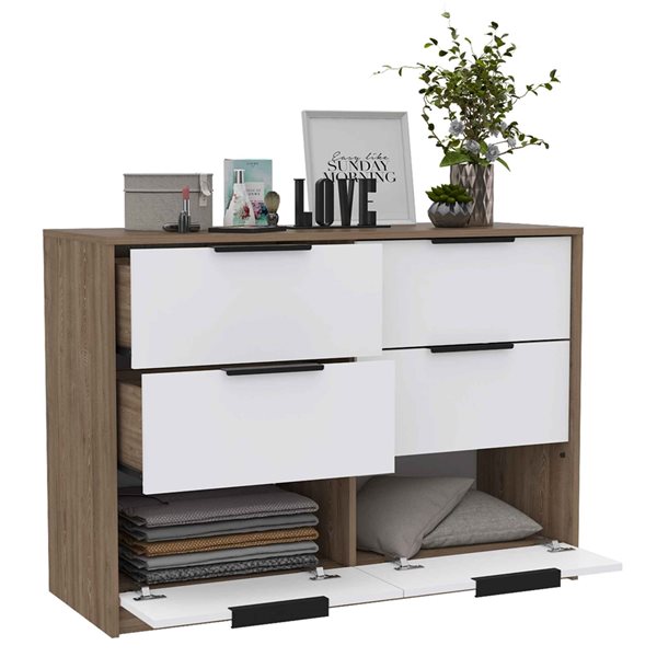 FM Furniture Marion White and Pine 6-Drawer Double Dresser