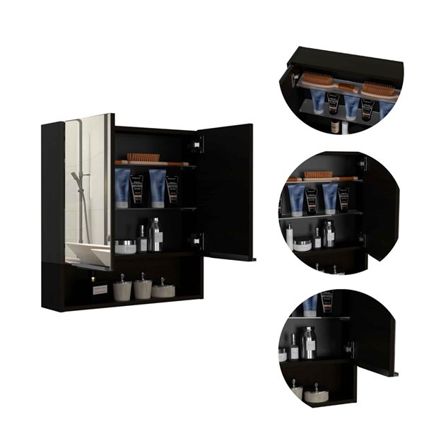 FM Furniture Ozark 23.6-in x 24.6-in Black Mirrored Rectangle Medicine Cabinet