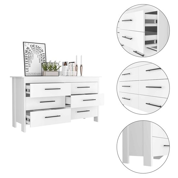 FM Furniture Luxor White 6-Drawer Double Dresser