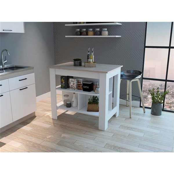 FM Furniture Brooklyn White and Light Grey Composite Kitchen Island 40.5-in x 27.5-in x 35.4-in