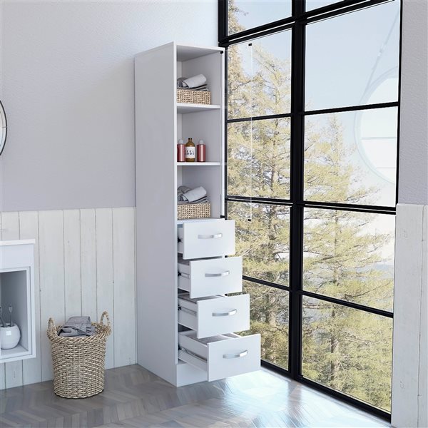 FM Furniture Preston 11.97-in W x 68.29-in H x 17.56-in D White MDF Freestanding Linen Cabinet