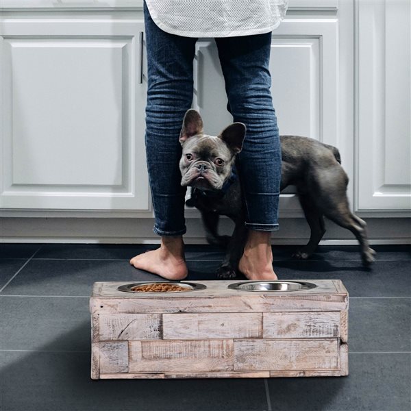 Bowser & Meowser White-Washed Earth Friendly Recycled Wood Pet Feeding Dish